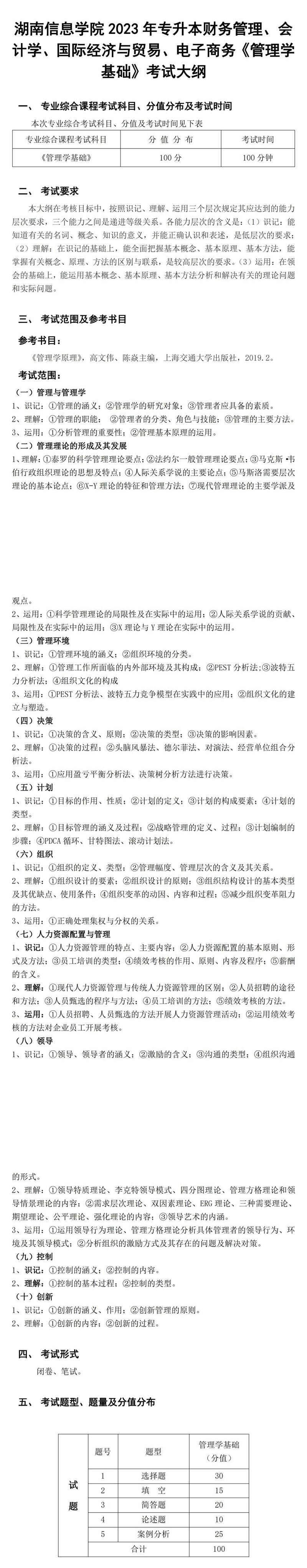 2023年湖南信息學(xué)院專升本電子商務(wù)專業(yè)《管理學(xué)基礎(chǔ)》考試大綱(圖1)